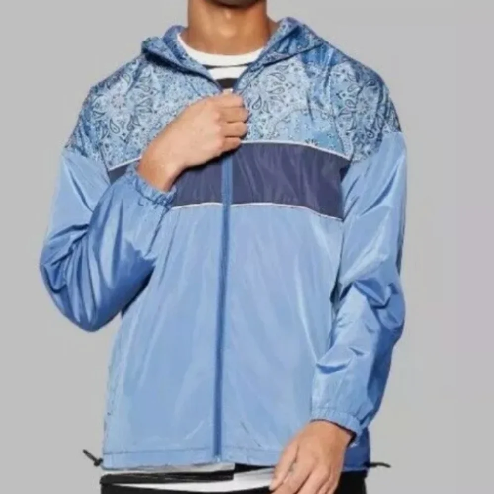 Men's Original Use Blue Patterned Windbreaker Jacket_Sml